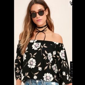 Light of Dawn Black Floral Print Off Shoulder Top